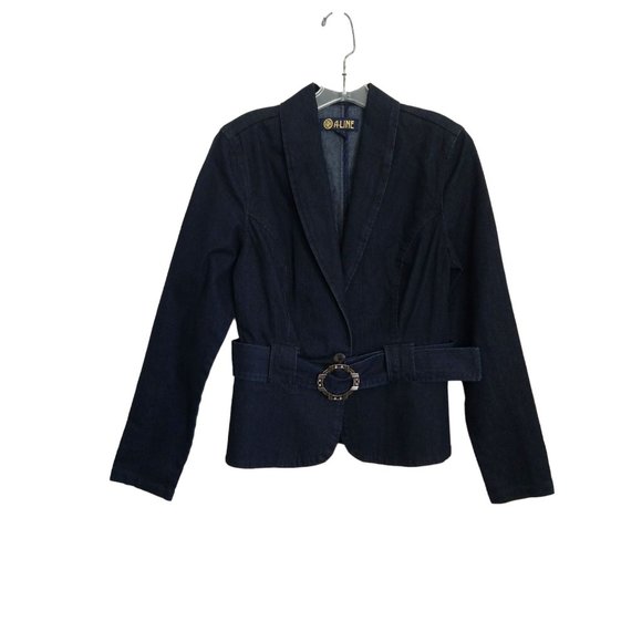 A-Line Dark Wash Belted Denim Blazer Jacket Women's Size Small - Picture 1 of 12